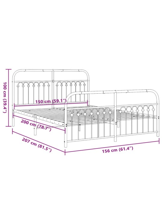 Metallinen sängynrunko päädyillä valkoinen 150x200 cm