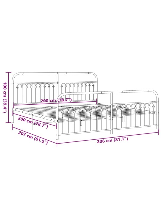 Metallinen sängynrunko päädyillä valkoinen 200x200 cm