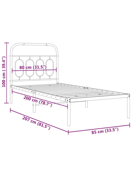 Metallinen sängynrunko päädyllä musta 80x200 cm