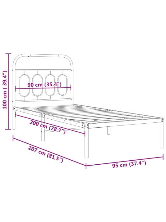 Metallinen sängynrunko päädyllä musta 90x200 cm