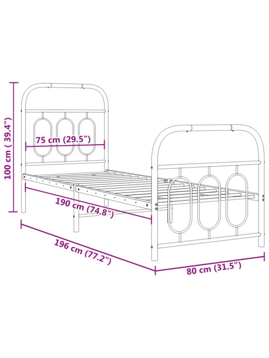 Metallinen sängynrunko päädyillä musta 75x190 cm