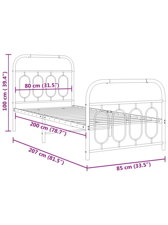 Metallinen sängynrunko päädyillä musta 80x200 cm