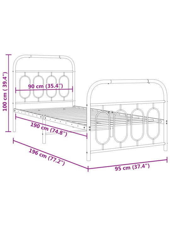 Metallinen sängynrunko päädyillä musta 90x190 cm