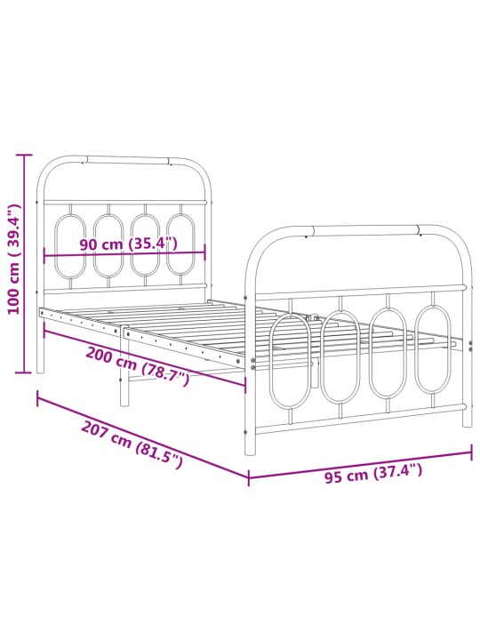Metallinen sängynrunko päädyillä musta 90x200 cm