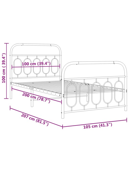 Metallinen sängynrunko päädyillä musta 100x200 cm