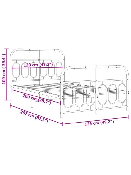 Metallinen sängynrunko päädyillä musta 120x200 cm