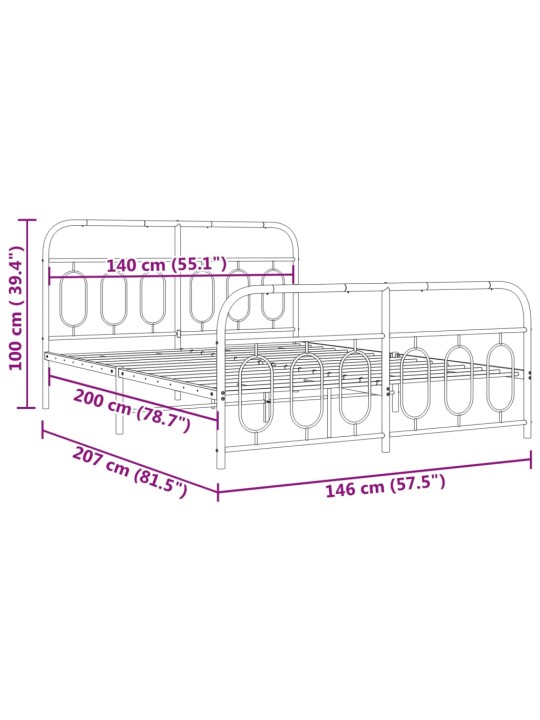 Metallinen sängynrunko päädyillä musta 140x200 cm