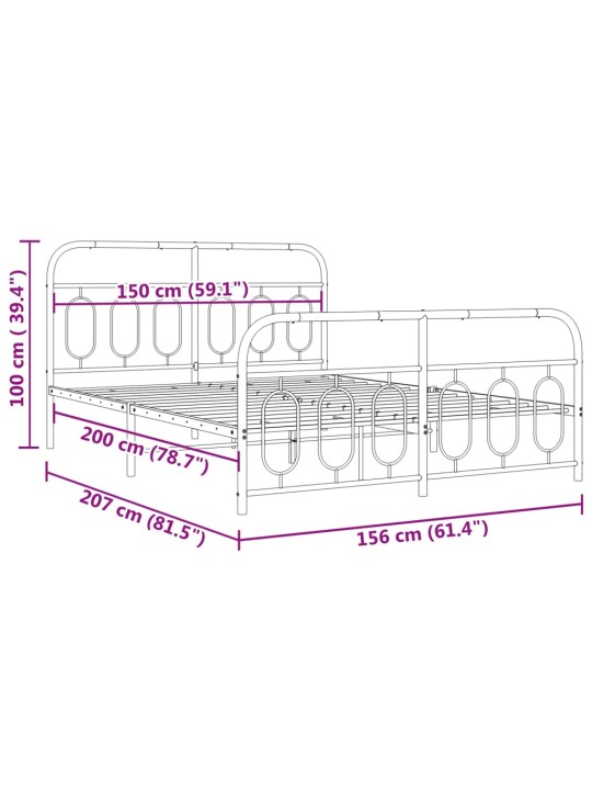 Metallinen sängynrunko päädyillä musta 150x200 cm