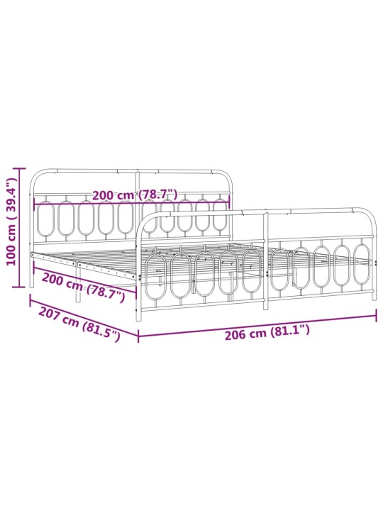 Metallinen sängynrunko päädyillä musta 200x200 cm