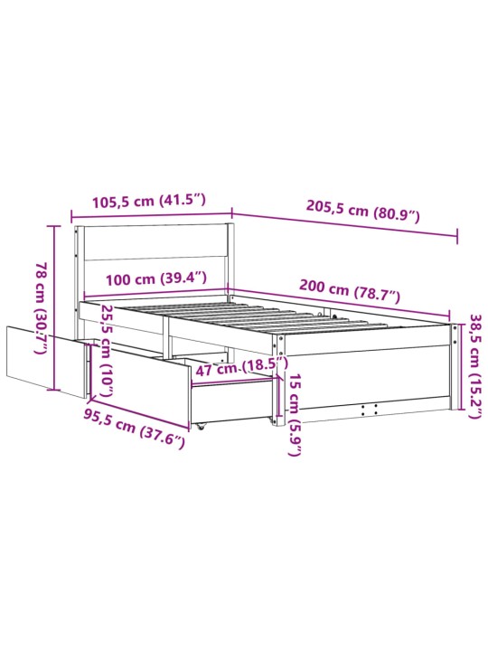 Sänky ilman patjaa vahanruskea 100x200 cm täysi mänty