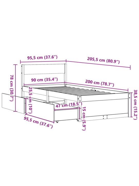 Sängynrunko ilman patjaa vahanruskea 90x200 cm täysi mänty