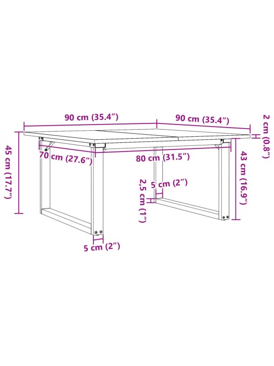 Sohvapöytä O-runko 90x90x45 cm täysi mänty ja valurauta