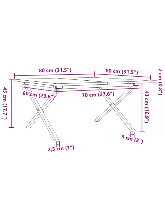 Sohvapöytä X-runko 80x80x45 cm täysi mänty ja valurauta