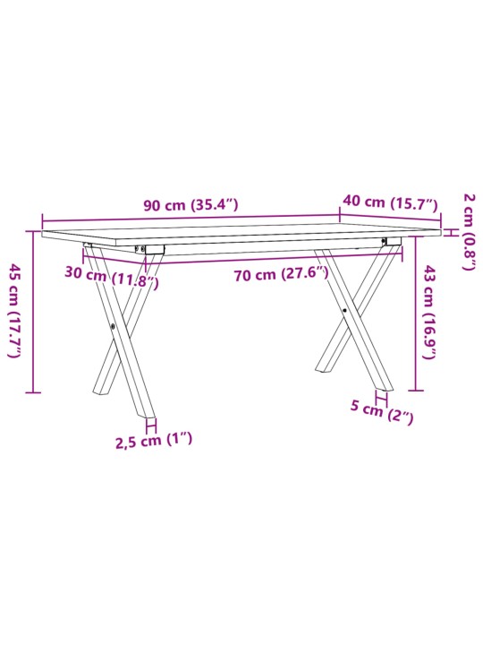 Sohvapöytä X-runko 90x40x45 cm täysi mänty ja valurauta