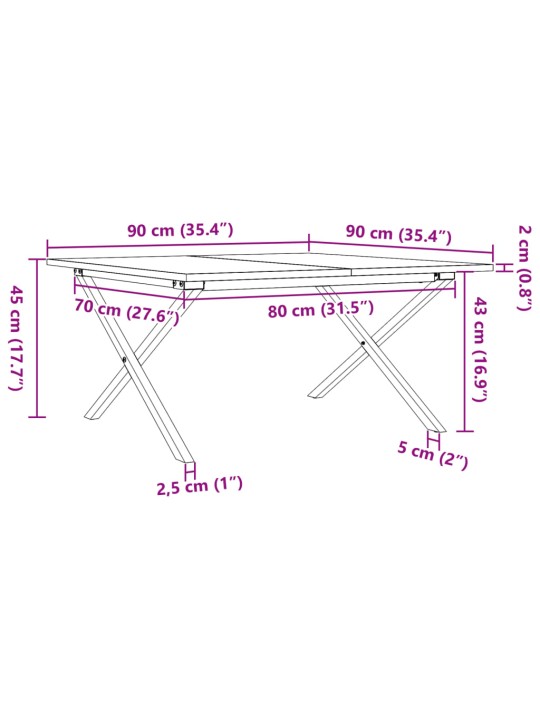 Sohvapöytä X-runko 90x90x45 cm täysi mänty ja valurauta