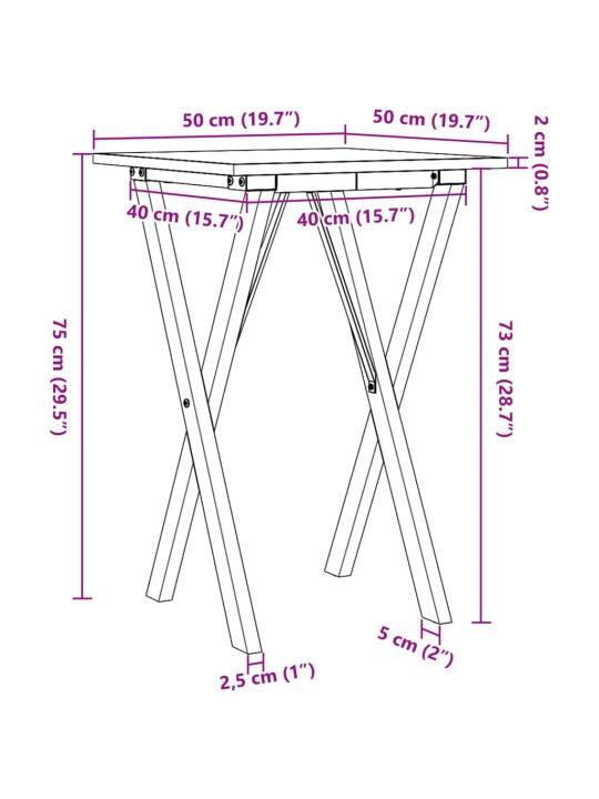 Ruokapöytä X-runko 50x50x75 cm täysi mänty ja valurauta