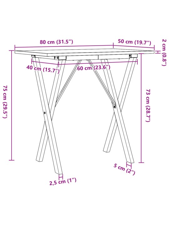 Ruokapöytä X-runko 80x50x75 cm täysi mänty ja valurauta