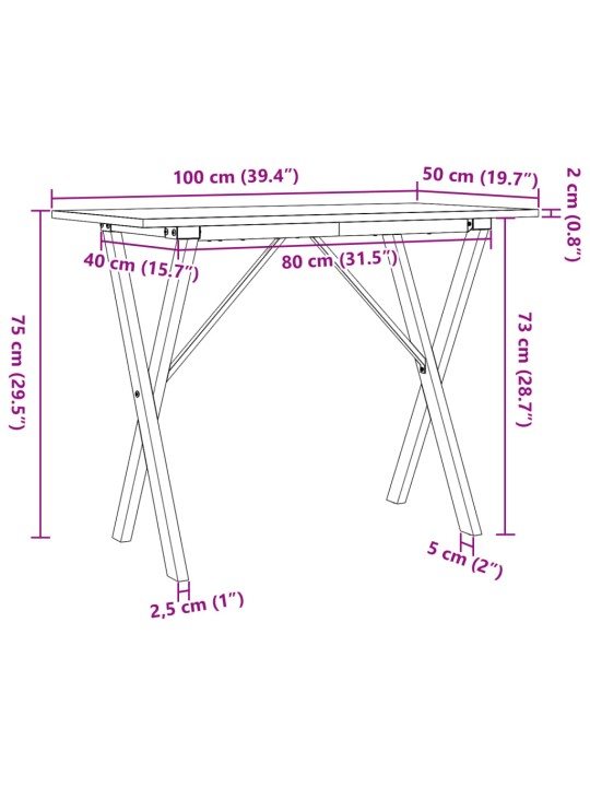 Ruokapöytä X-runko 100x50x75 cm täysi mänty ja valurauta