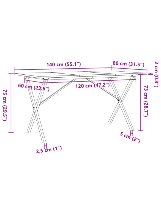 Ruokapöytä X-runko 140x80x75 cm täysi mänty ja valurauta