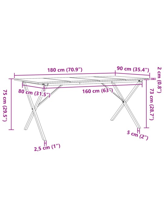 Ruokapöytä X-runko 180x90x75 cm täysi mänty ja valurauta