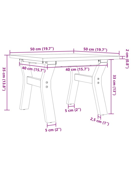 Sohvapöytä Y-runko 50x50x35 cm täysi mänty ja valurauta