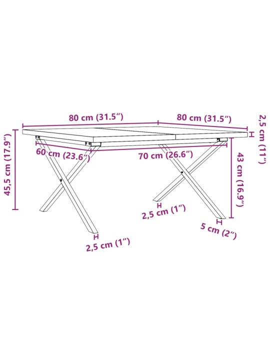 Sohvapöytä X-runko 80x80x45,5 cm täysi mänty ja valurauta