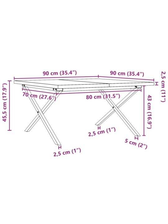 Sohvapöytä X-runko 90x90x45,5 cm täysi mänty ja valurauta