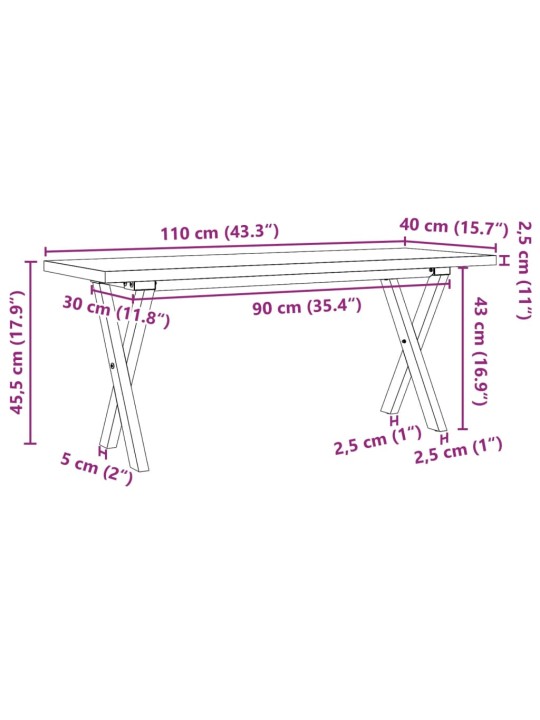 Sohvapöytä X-runko 110x40x45,5 cm täysi mänty ja valurauta