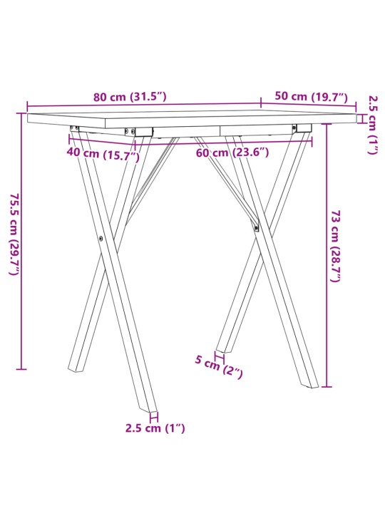 Ruokapöytä X-runko 80x50x75,5 cm täysi mänty ja valurauta