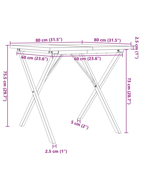 Ruokapöytä X-runko 80x80x75,5 cm täysi mänty ja valurauta