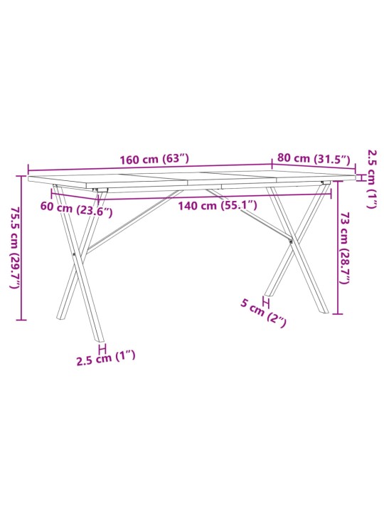 Ruokapöytä X-runko 160x80x75,5 cm täysi mänty ja valurauta