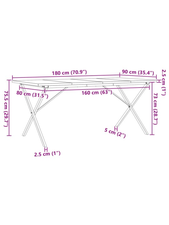 Ruokapöytä X-runko 180x90x75,5 cm täysi mänty ja valurauta