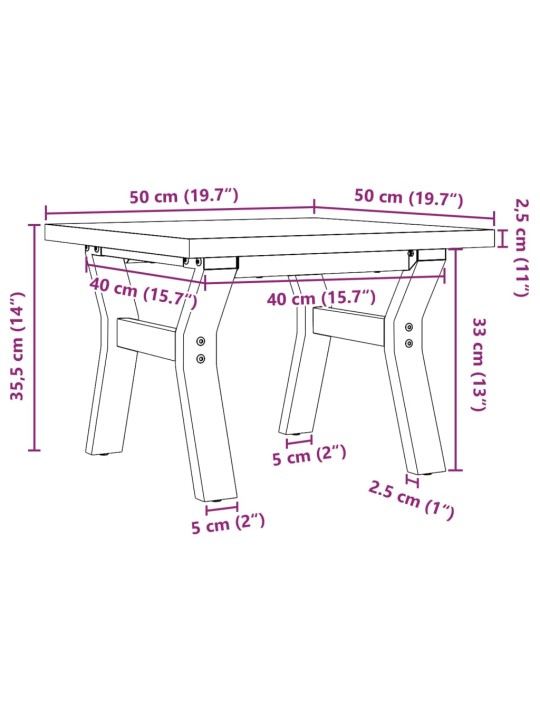 Sohvapöytä Y-runko 50x50x35,5 cm täysi mänty ja valurauta