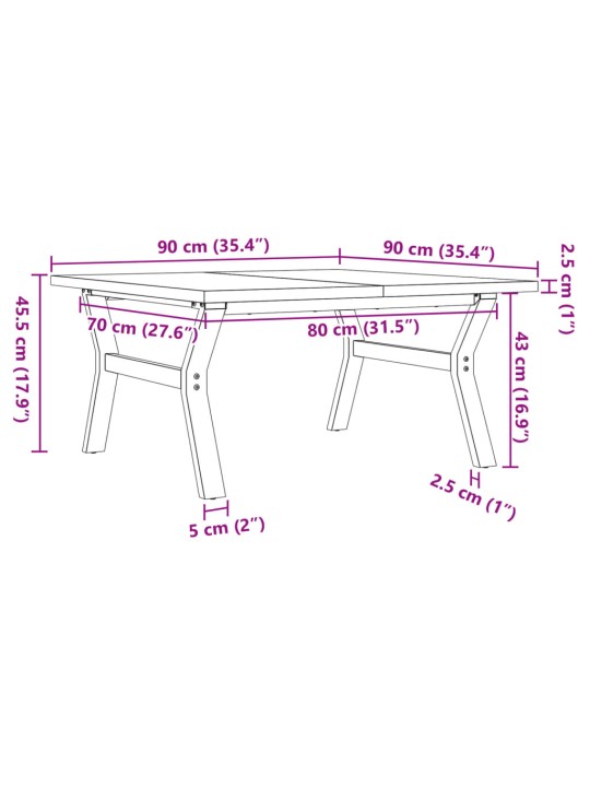 Sohvapöytä Y-runko 90x90x45,5 cm täysi mänty ja valurauta