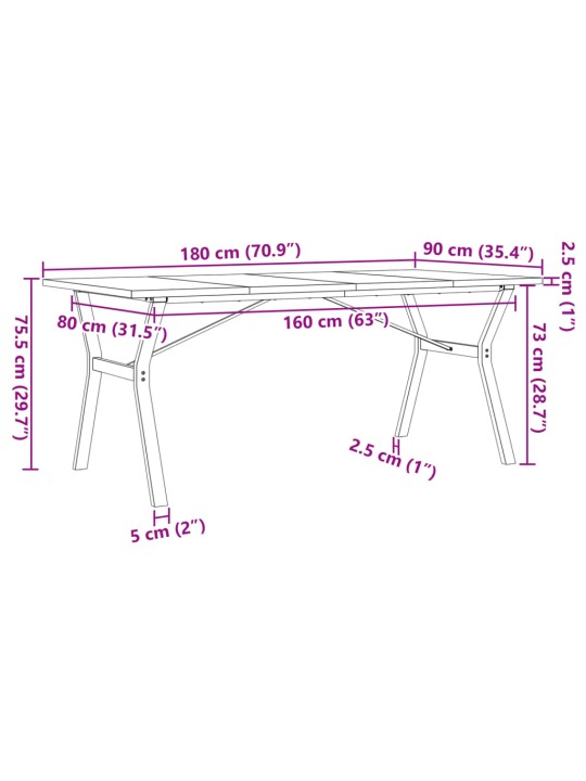 Ruokapöytä Y-runko 180x90x75,5 cm täysi mänty ja valurauta