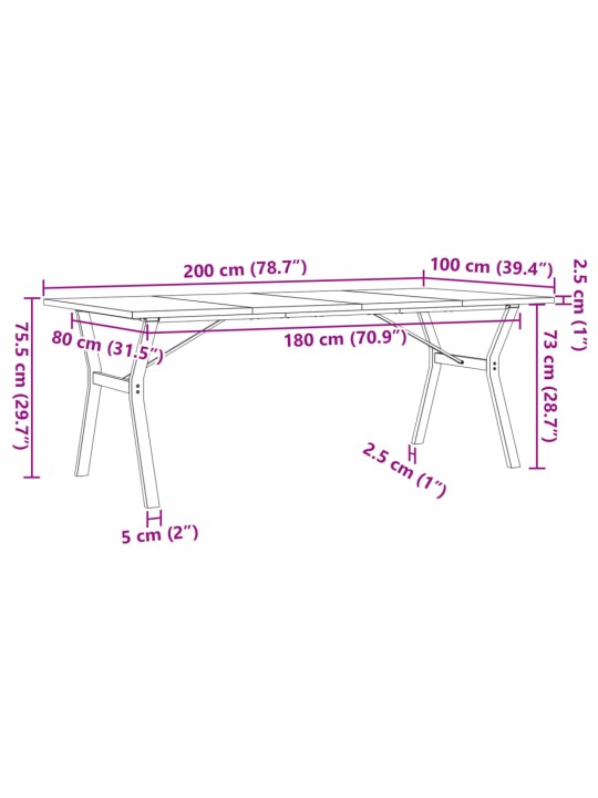 Ruokapöytä Y-runko 200x100x75,5 cm täysi mänty ja valurauta