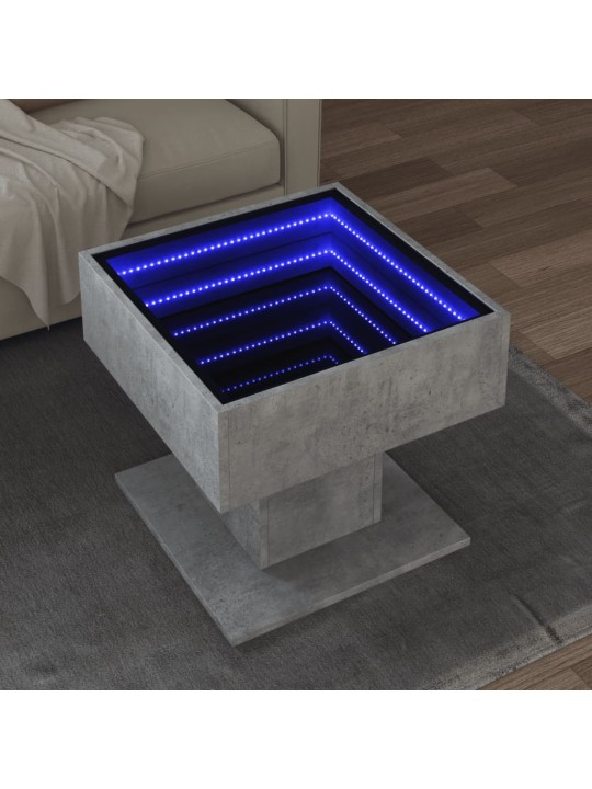 Sohvapöytä LED-valoilla betoninharmaa 50x50x45 cm tekninen puu