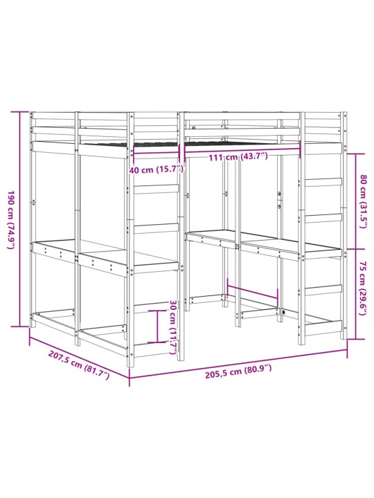 Parvisänky työpöytä ja tikkaat vahanrusk 200x200 cm täysi mänty