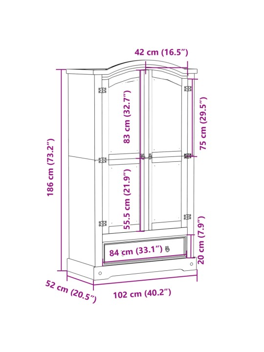 Vaatekaappi Corona valkoinen 102x52x186 cm täysi mänty