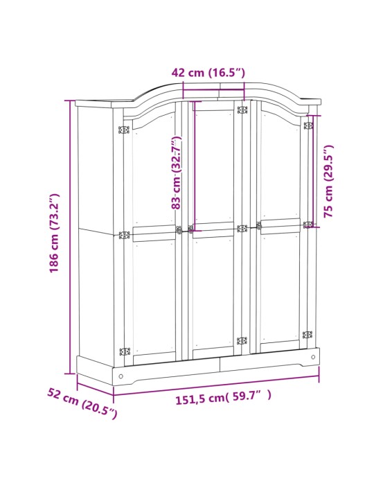 Vaatekaappi Corona valkoinen 151,5x52x186 cm täysi mänty