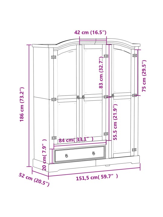 Vaatekaappi Corona valkoinen 151,5x52x186 cm täysi mänty