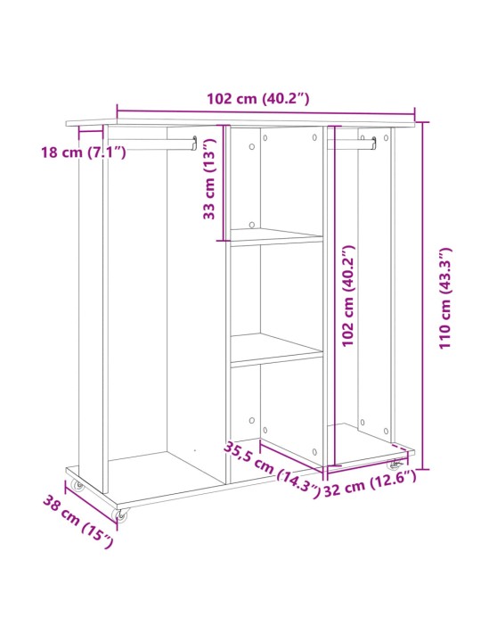 Vaatekaappi pyörillä musta 102x38x110 cm tekninen puu