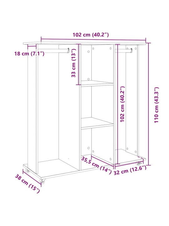 Vaatekaappi pyörillä betoninharmaa 102x38x110 cm tekninen puu