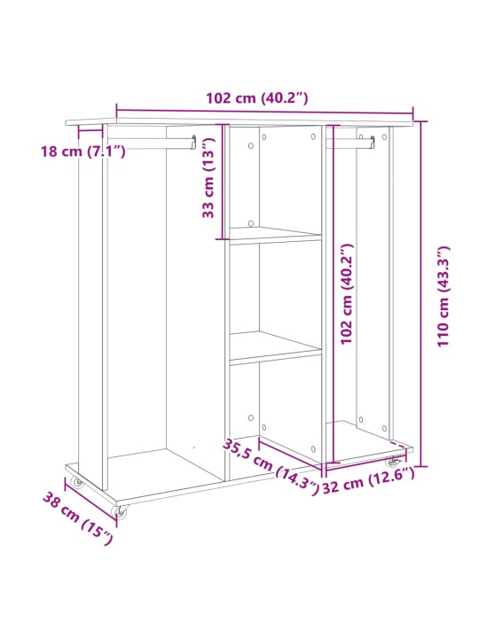 Vaatekaappi pyörillä ruskea tammi 102x38x110 cm tekninen puu