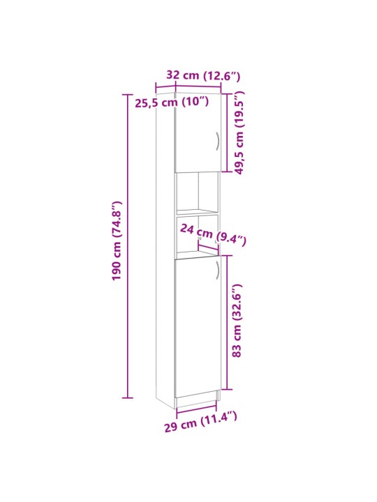 Kylpyhuonekaappi sonoma tammi 32x25,5x190 cm lastulevy