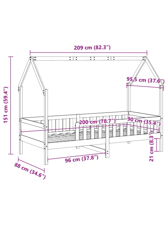 Lasten talonmuotoinen sängynrunko vahanruskea 90x200 cm mänty