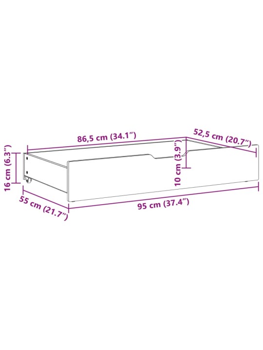 Sängyn alavetolaatikot 2 kpl vahanrusk. 95x55x16 cm täysi mänty