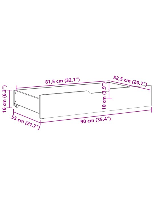 Sängyn alavetolaatikot pyörillä 2 kpl 90x55x16 cm täysi mänty