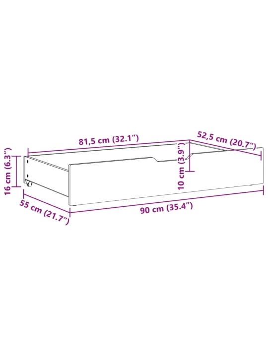 Sängyn alavetolaatikot 2 kpl vahanrusk. 90x55x16 cm täysi mänty