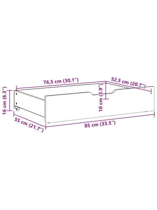 Sängyn alavetolaatikot 2 kpl vahanrusk. 85x55x16 cm täysi mänty